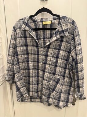 Relaxed Navy and White Plaid Button-Front Blouse by Kristen Crenshaw